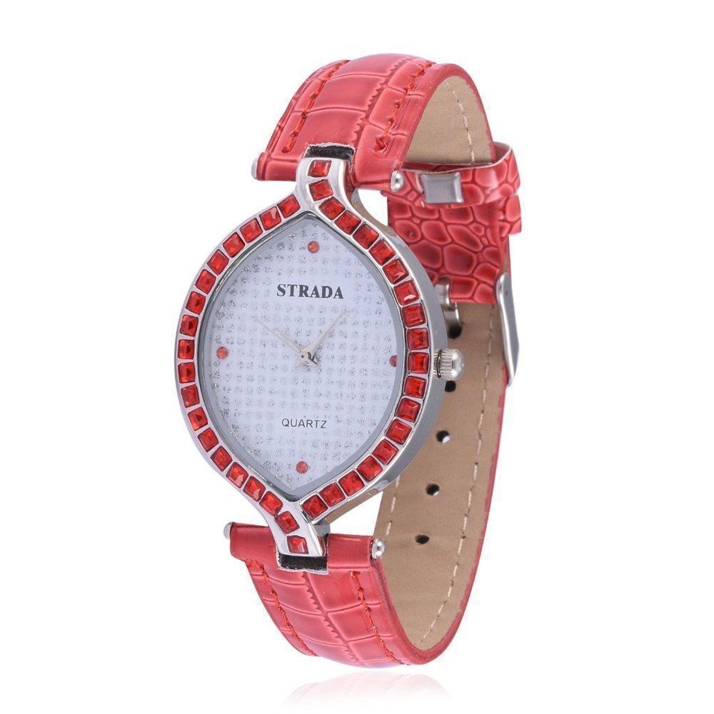 STRADA Watch Austrian Crystal Red Faux Leather Ban